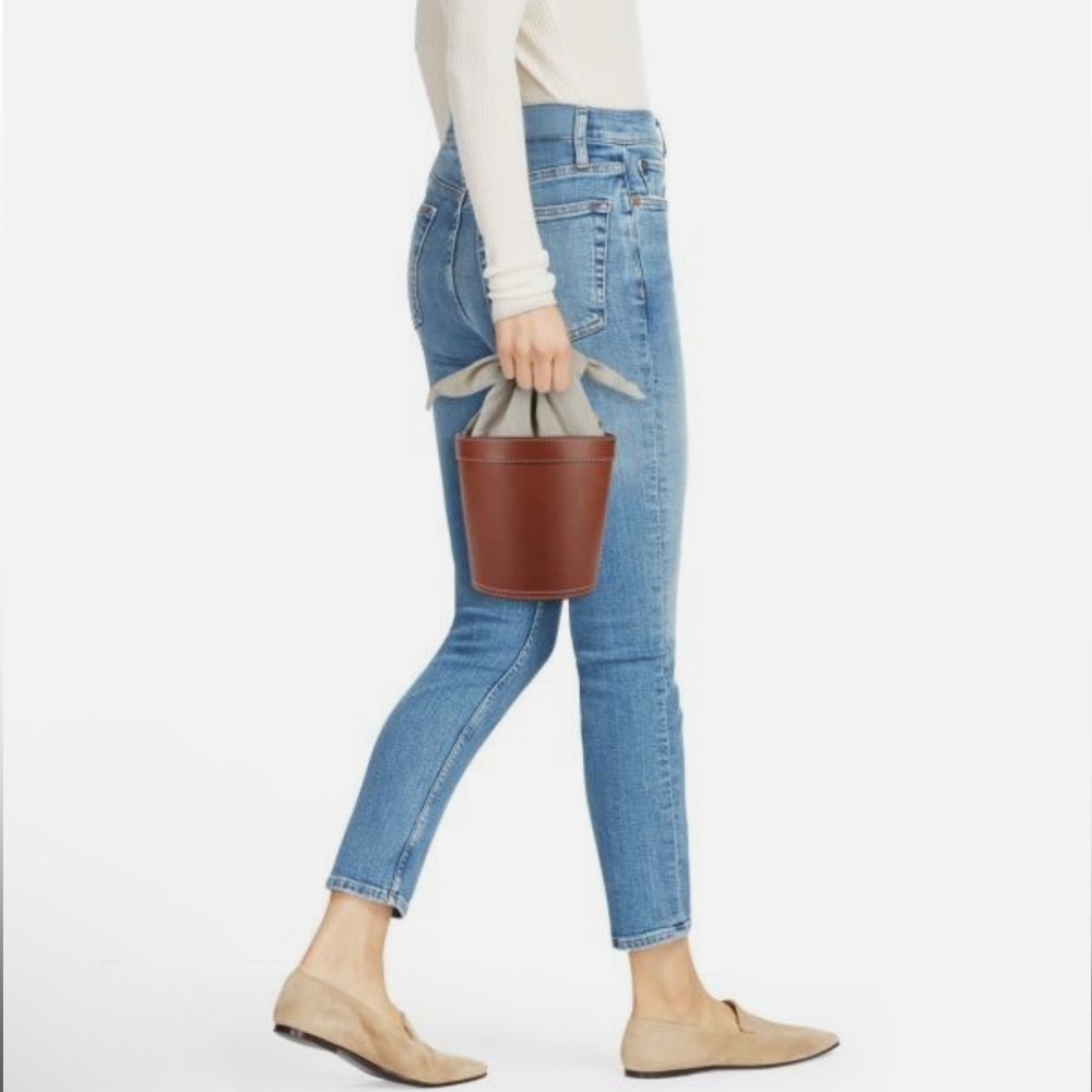 STAUD Britt Leather & Canvas Bucket Bag with Tie Knot Handle